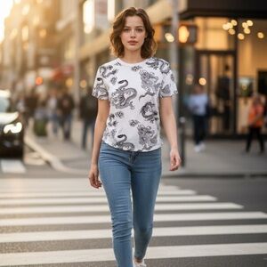 Dragon Motif Women's Tee - Black and White